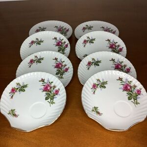 Vintage Set Of 8 Moss Rose Snack Plates Japan, Scalloped Shell Shaped